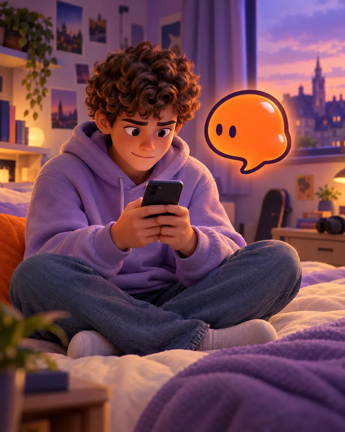 Jongere op bed oefent een gesprek op de gsm, de Zegmaar-blob zweeft ernaast